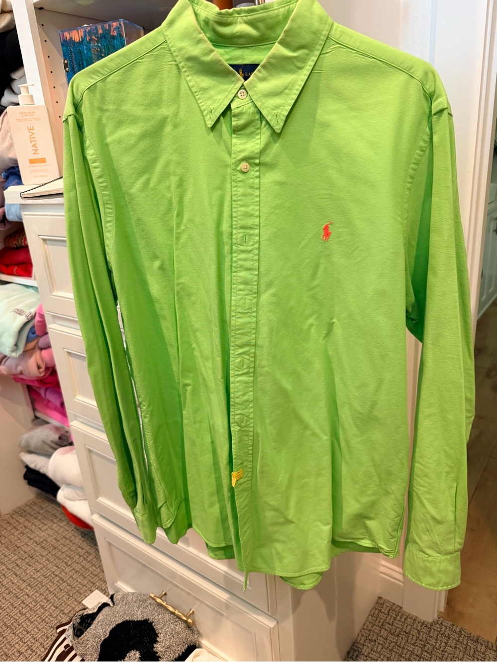 Ralph Lauren Lime Green Long-Sleeve Button-Down Shirt with Red Pony